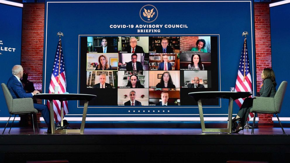 PHOTO: President-elect Joe Biden and Vice President-elect Kamala Harris speak with the Covid-19 Advisory Council during a briefing at The Queen theater on Nov. 9, 2020 in Wilmington, Del.