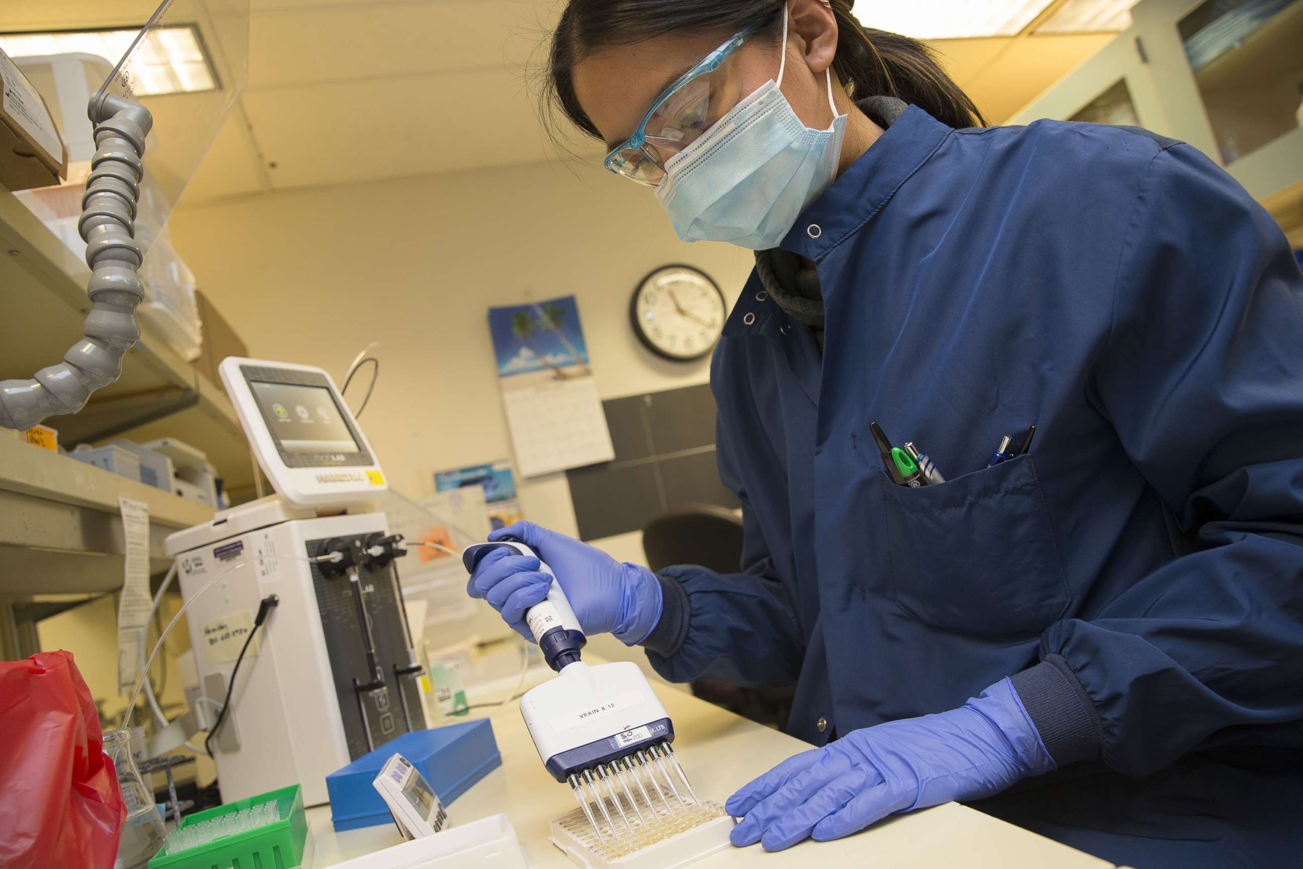 PHOTO: Medical laboratory scientist, Alicia Bui, runs a clinical test in the Immunology lab at UW Medicine looking for antibodies against SARS-CoV-2, a virus strain that causes coronavirus disease (COVID-19) on April 17, 2020, in Seattle.