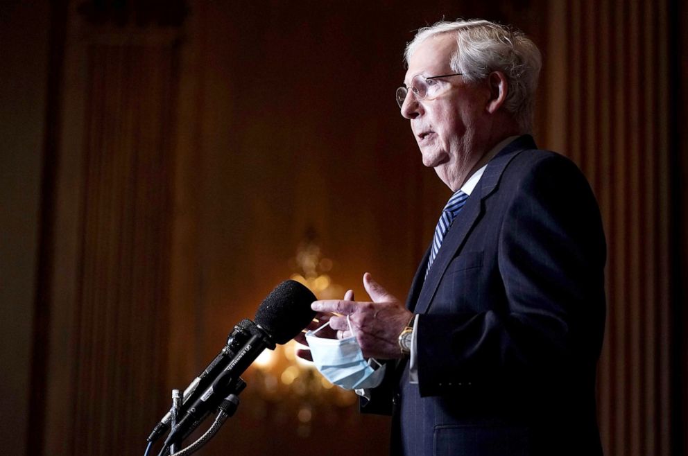 PHOTO: Senate Majority Leader Mitch McConnell speaks to the media after the Republican's weekly senate luncheon in Washington, Dec. 8, 2020.