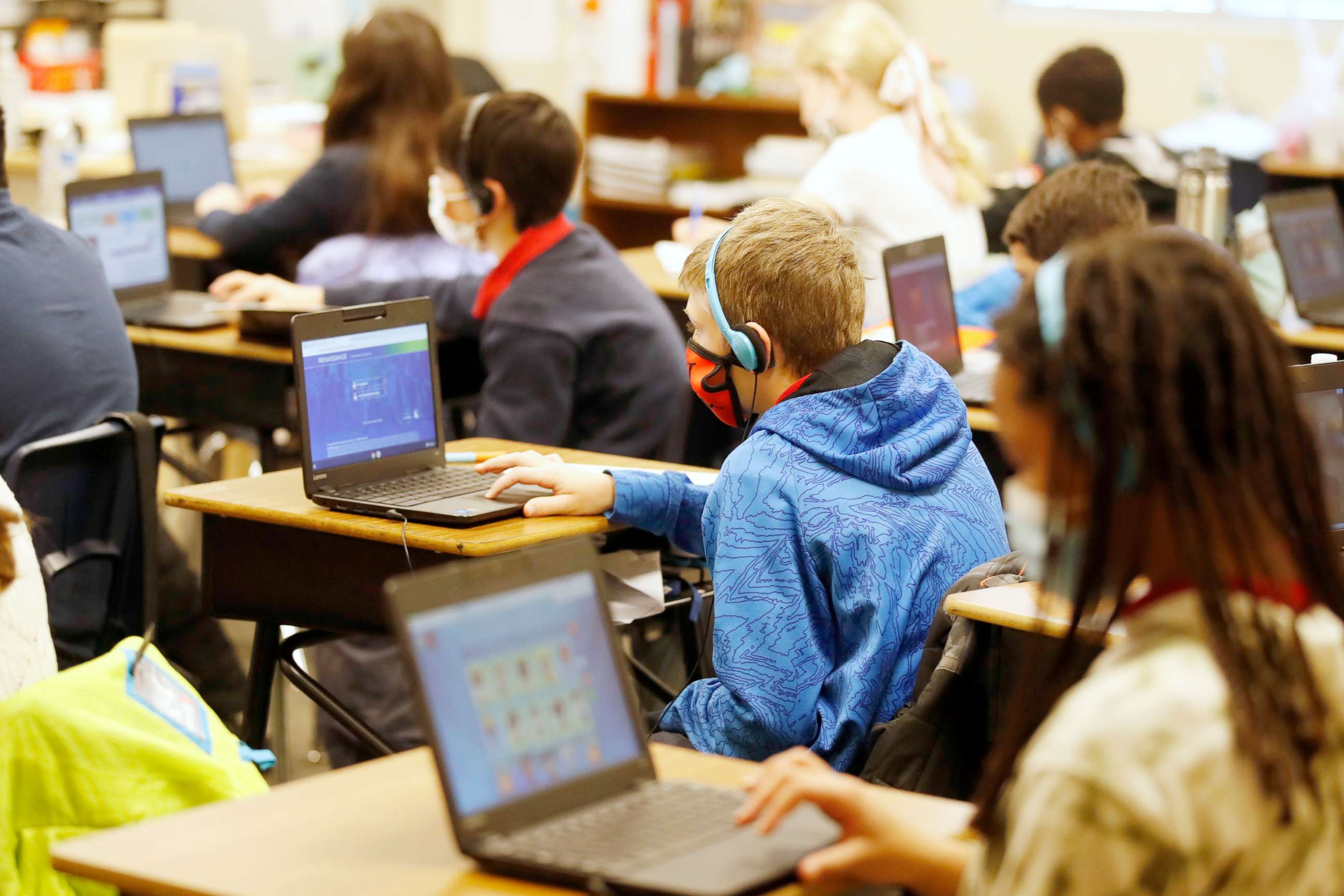 PHOTO: Students start their work for the day at Freedom Preparatory Academy in Provo, Utah, Feb. 10, 2021.