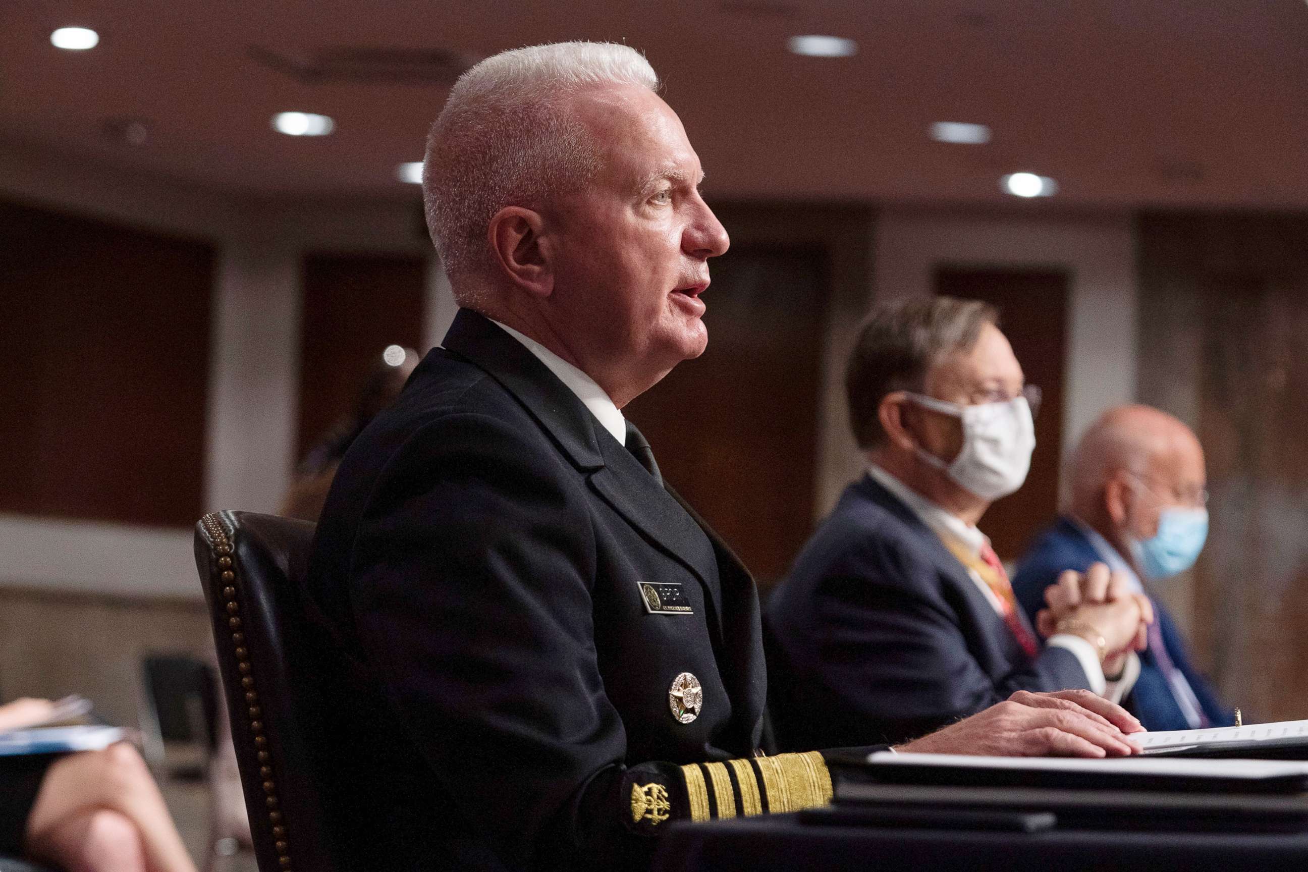 PHOTO: Admiral Brett Giroir, Robert Kadlec, and Dr. Robert Redfield testify at a hearing with the Senate Appropriations Subcommittee on Capitol Hill in Washington, Sept. 16, 2020. 