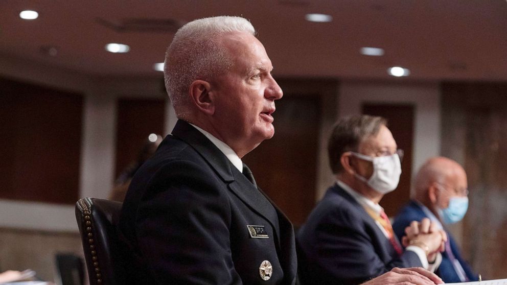 PHOTO: Admiral Brett Giroir, Robert Kadlec, and Dr. Robert Redfield testify at a hearing with the Senate Appropriations Subcommittee on Capitol Hill in Washington, Sept. 16, 2020. 