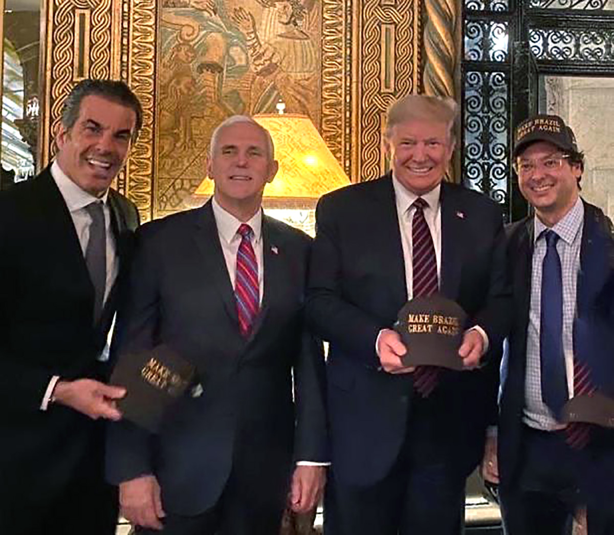PHOTO: In a photo posted to Instagram, Vice President Mike Pence and President Donald Trump pose with Brazilian PresidentJair Bolsonaro's communications secretary, Fabio Wajngarten, right, during a visit to Mar-a-Lago over the weekend of March 7-8, 2020.