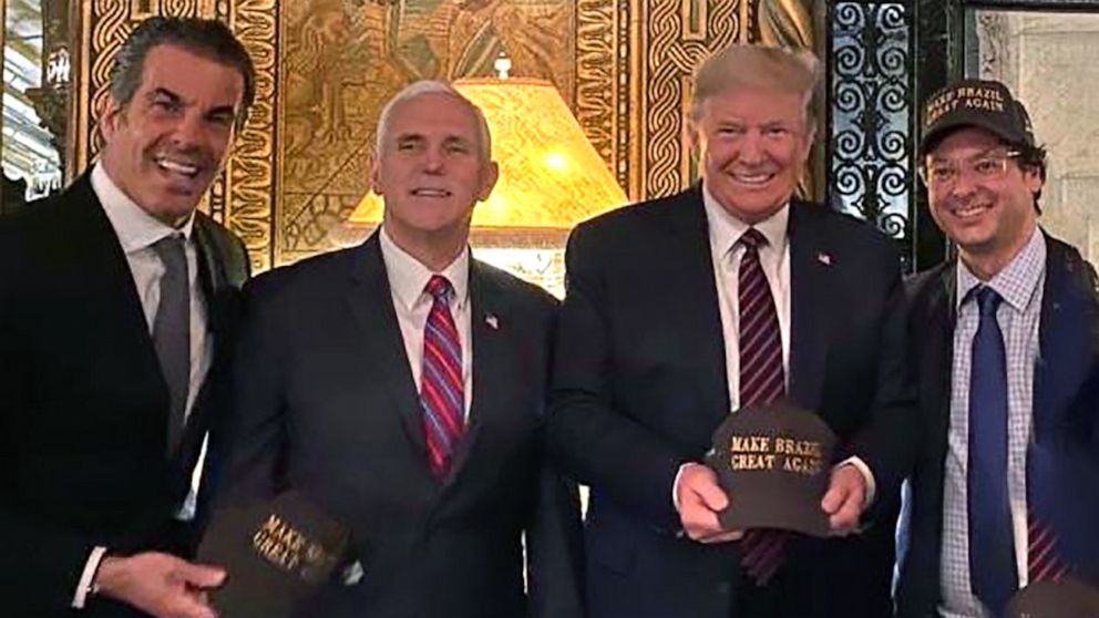 PHOTO: In a photo posted to Instagram, Vice President Mike Pence and President Donald Trump pose with Brazilian PresidentJair Bolsonaro's communications secretary, Fabio Wajngarten, right, during a visit to Mar-a-Lago over the weekend of March 7-8, 2020.