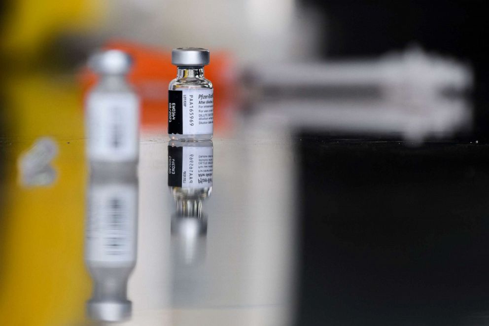 PHOTO: Vials of the Pfizer Covid-19 vaccine are seen at a mobile vaccination clinic at the Weingart East Los Angeles YMCA, May 14, 2021, in Los Angeles.