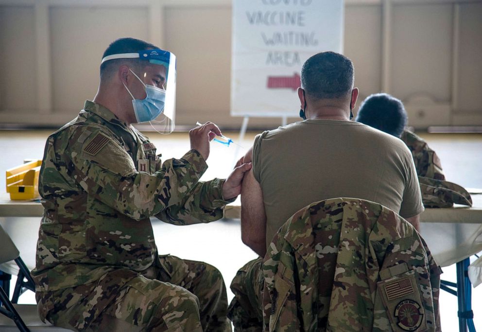 PHOTO: In this April 11, 2021, file photo, Reserve Citizen Airmen received their COVID-19 vaccinations at MacDill Air Force Base, Fla., during the April Unit Training Assembly.