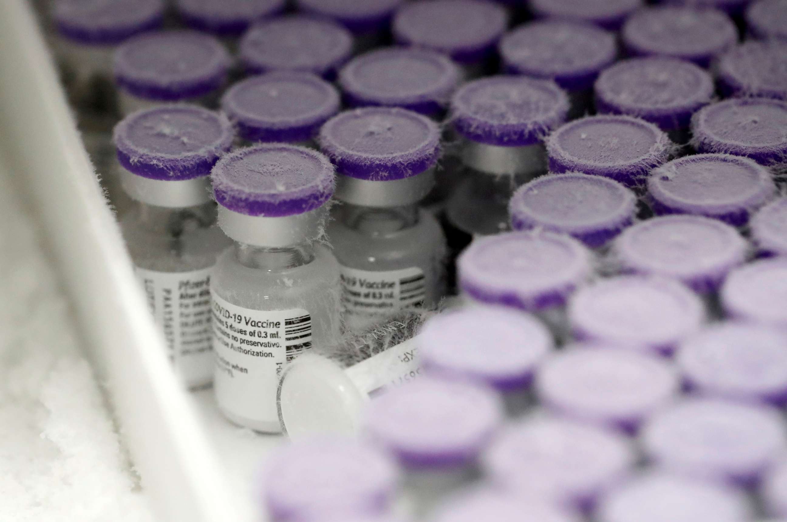 PHOTO: Vials of the Pfizer-BioNTech COVID-19 vaccine are seen in an ultra low temperature freezer at the hospital in Le Mans, France on Jan. 14, 2021. 