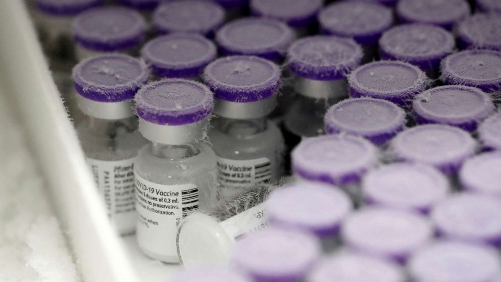 PHOTO: Vials of the Pfizer-BioNTech COVID-19 vaccine are seen in an ultra low temperature freezer at the hospital in Le Mans, France on Jan. 14, 2021. 