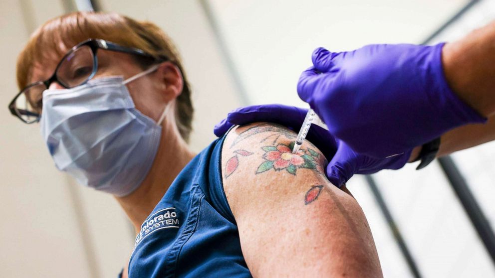 PHOTO: A dose of the Pfizer-BioNTech COVID-19 vaccine is administered in Aurora, Colo., Dec. 16, 2020.