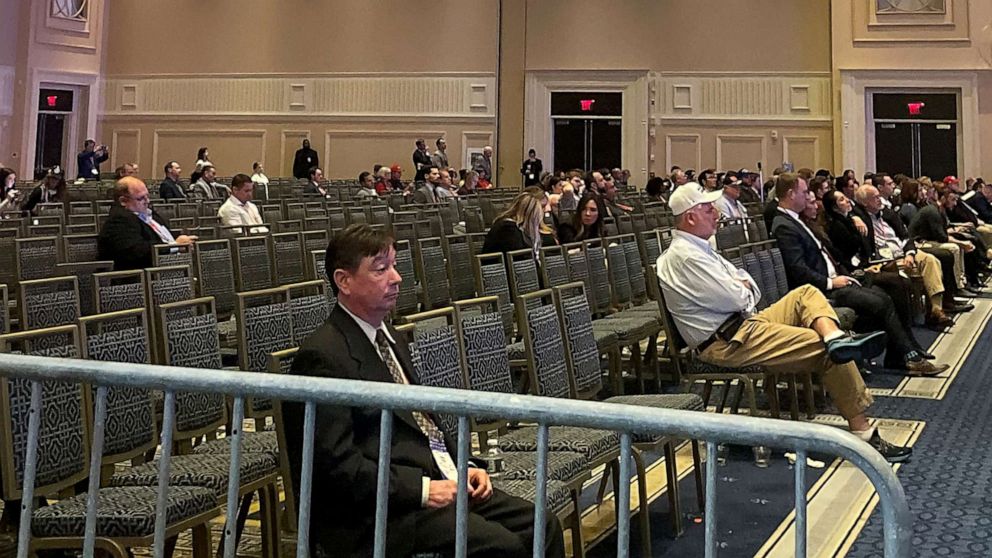 PHOTO: During former President Donald Trump's speech to CPAC on March 4, 2023, rows of empty chairs lined the back of the ballroom.