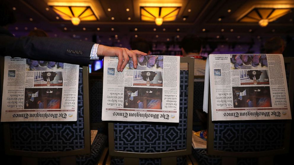 PHOTO: Newspapers are used as place-holders for people arriving early at the Conservative Political Action Conference at the Gaylord National Resort and Convention Center Feb. 23, 2018 in National Harbor, Md.