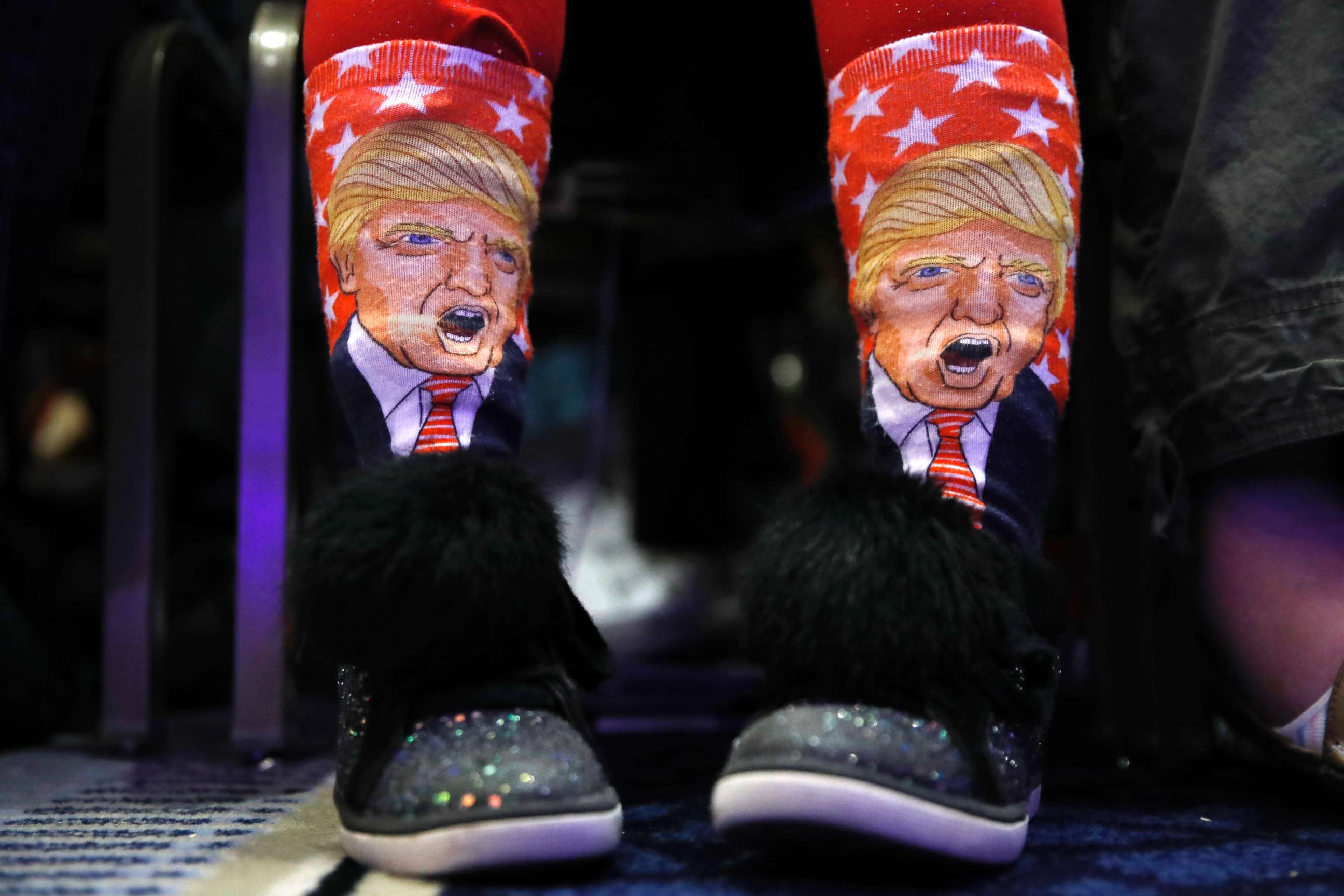 PHOTO: Millie March, 12, of Fairfax, Va., wears socks featuring President Donald Trump while awaiting his speech to the Conservative Political Action Conference, at National Harbor, Md., Feb. 23, 2018.