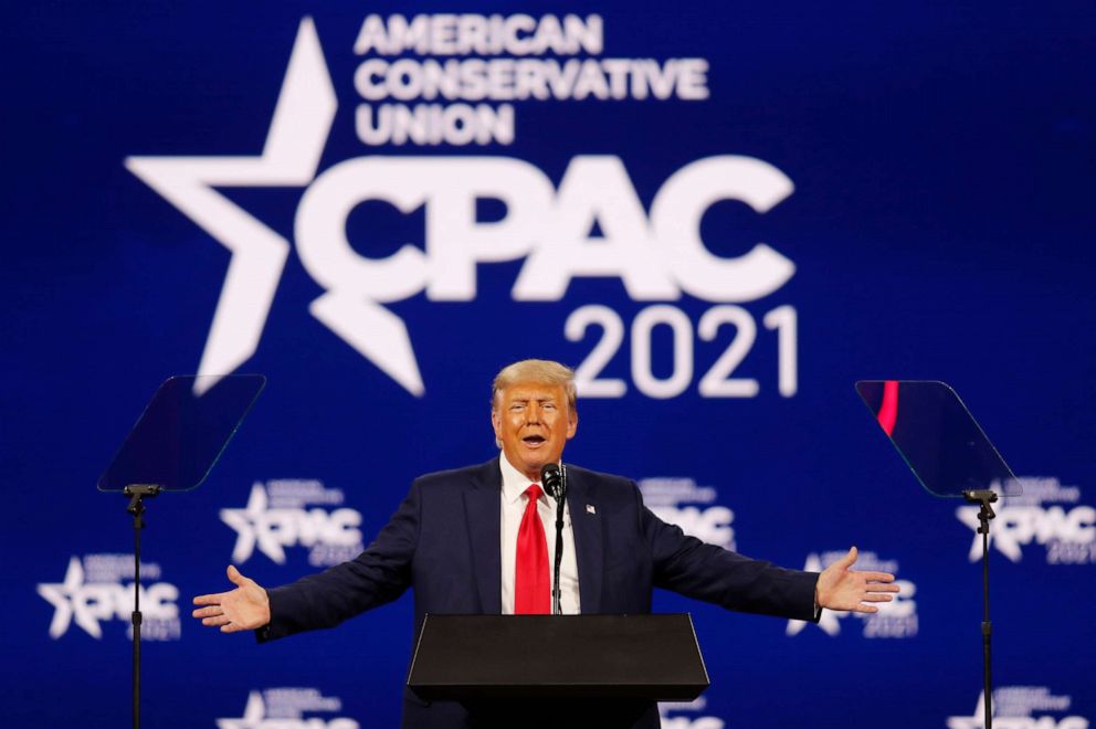 PHOTO: Former President Donald Trump speaks at the Conservative Political Action Conference in Orlando, Fla., U.S. Feb. 28, 2021.