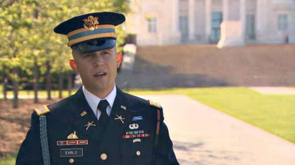 PHOTO: Army Captain Harold Earls, commander of the guard at Tomb of the Unknown Soldier, says service members now wear masks in their quarters and add social distance to the ceremony during the coronavirus pandemic.