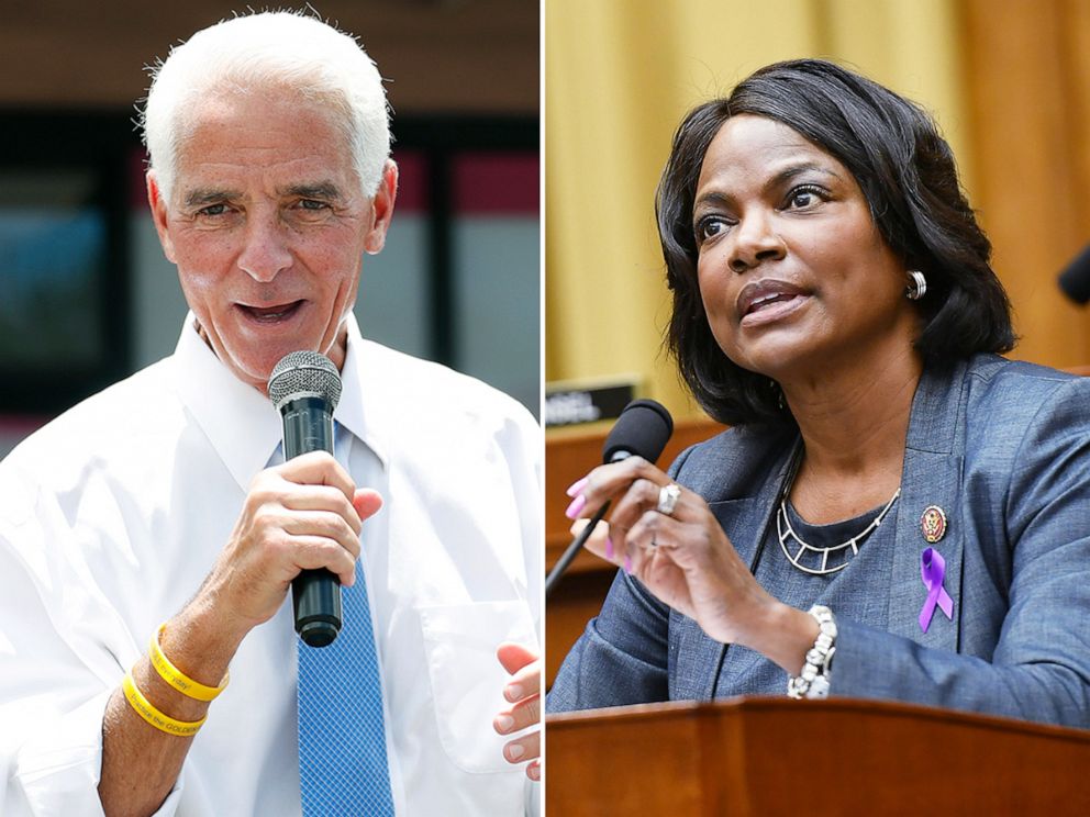 PHOTO: Rep. Charlie Crist greets attendees during Black Lives Matters Business Expo, June 19, 2020, in St. Petersburg, Fla. Rep Val Demings speaks during the House Judiciary Subcommittee, July 29, 2020, on Capitol Hill.