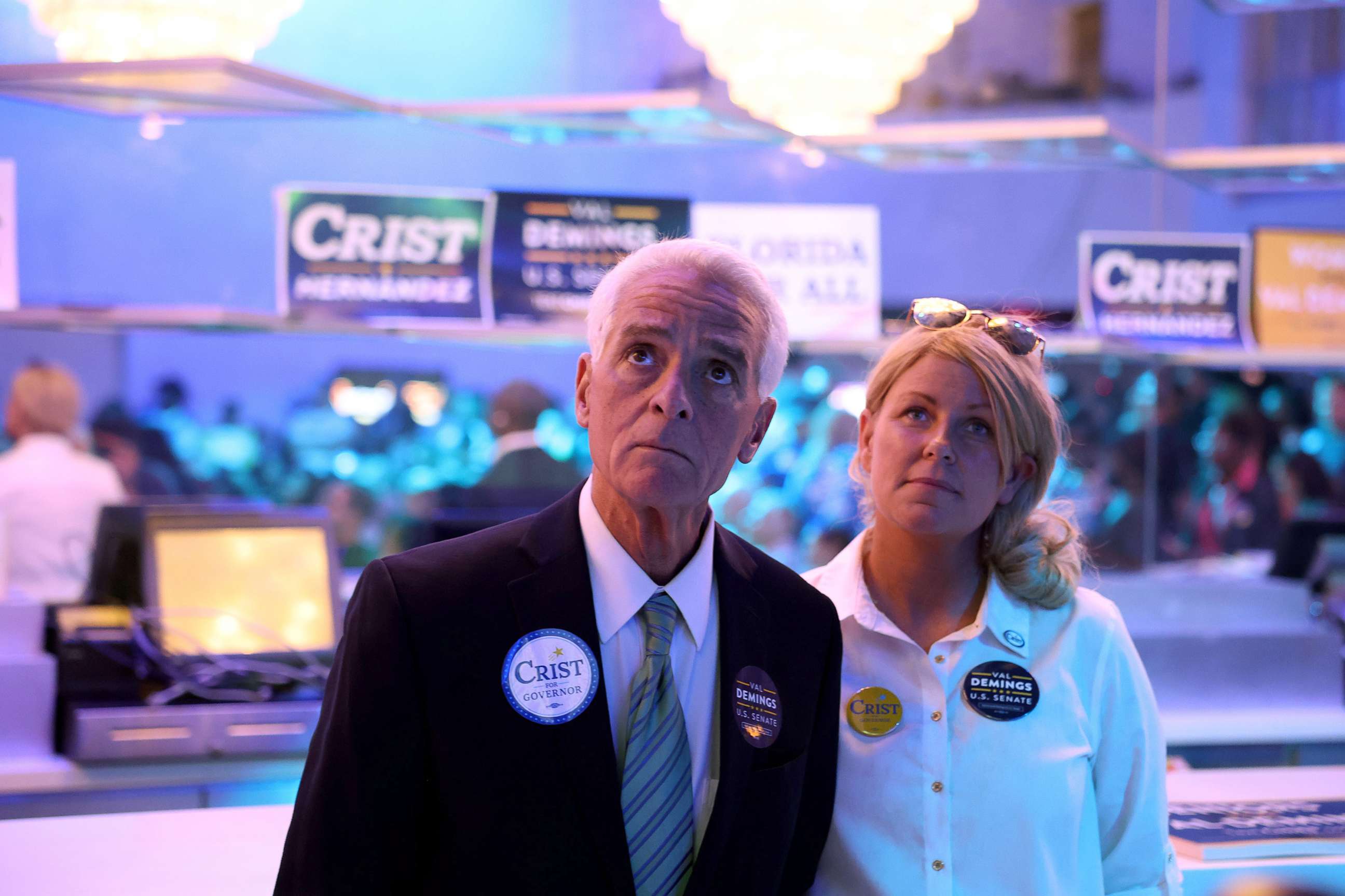 PHOTO: Democratic gubernatorial candidate Charlie Crist stands with his fiancee Chelsea Grimes as he waits to be introduced at a campaign rally at the The Venue Fort Lauderdale, Nov. 7, 2022, in Wilton Manors, Broward, Florida.