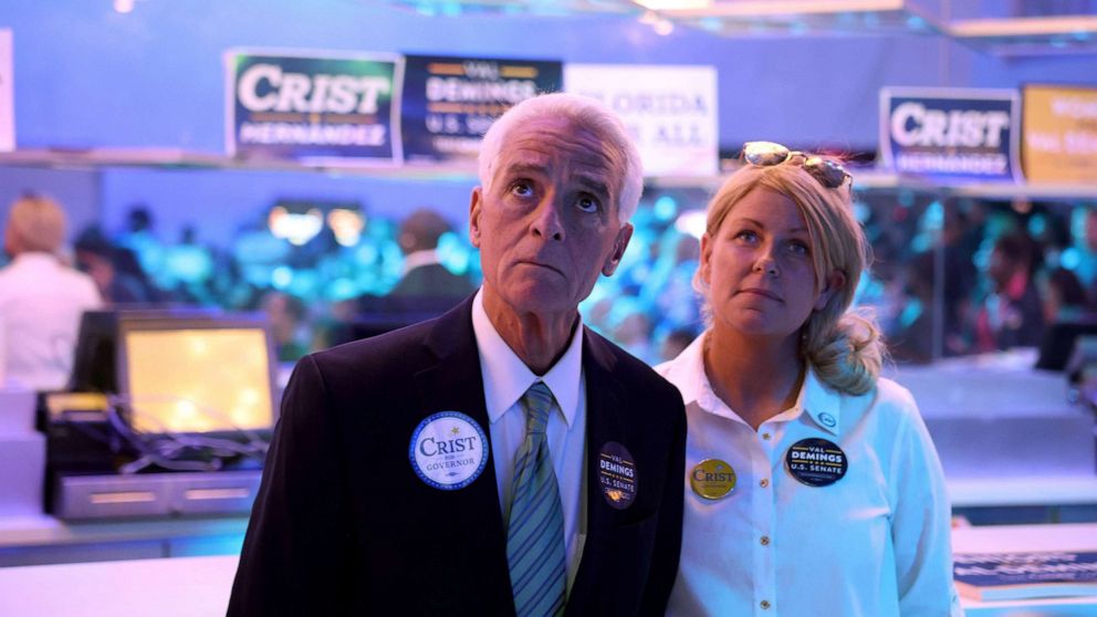 PHOTO: Democratic gubernatorial candidate Charlie Crist stands with his fiancee Chelsea Grimes as he waits to be introduced at a campaign rally at the The Venue Fort Lauderdale, Nov. 7, 2022, in Wilton Manors, Broward, Florida.