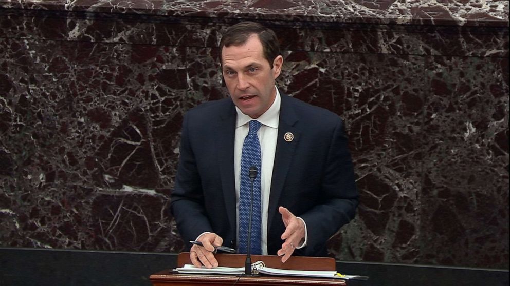 PHOTO: House impeachment manager Rep. Jason Crow speaks during the fourth day of impeachment proceedings against President Donald Trump in the Senate at the U.S. Capitol, Jan. 24, 2020.