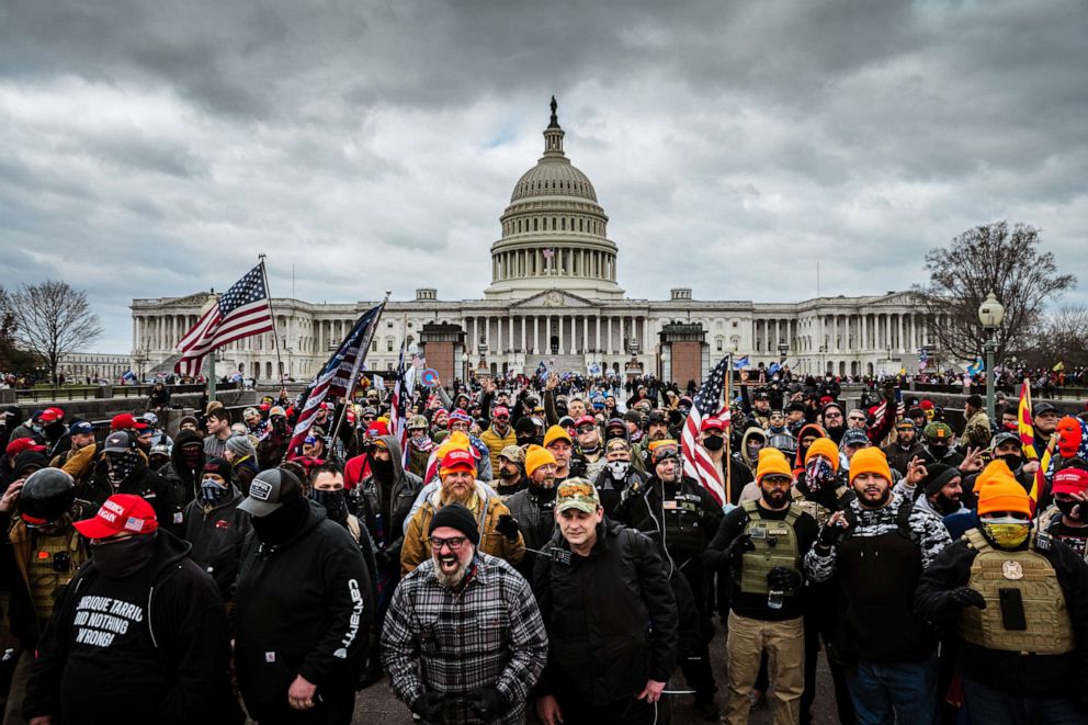 PHOTO: Pro-Trump protesters gather in front of the U.S. Capitol Building, Jan. 6, 2021, in Washington, D.C., before a mob stormed the Capitol, breaking windows and clashing with police officers, as congress gathered to certify the election of Joe Biden.