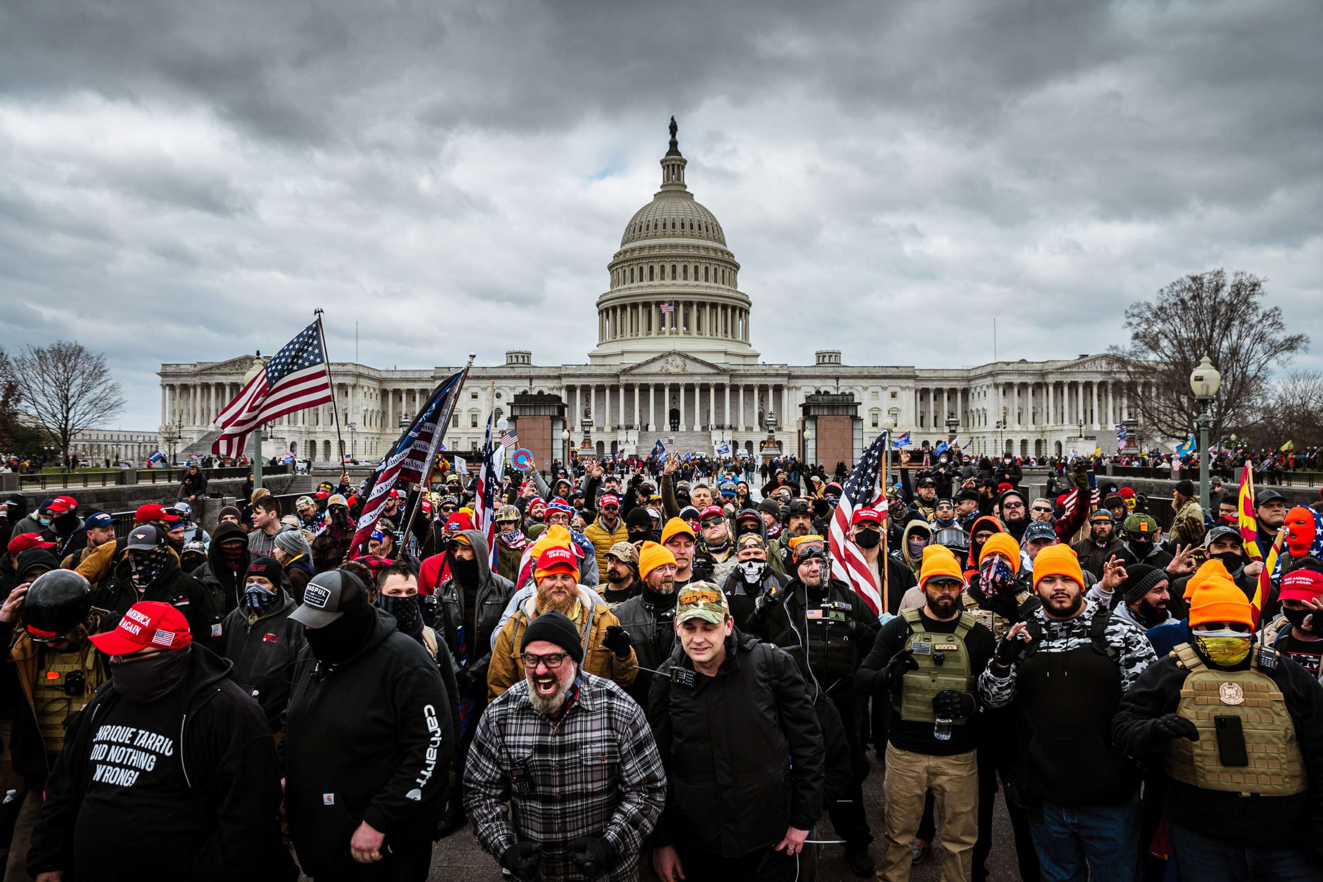 PHOTO: Pro-Trump protesters including Joseph Biggs (plaid shirt) gather in front of the Capitol Building, Jan. 6, 2021, in Washington, D.C.