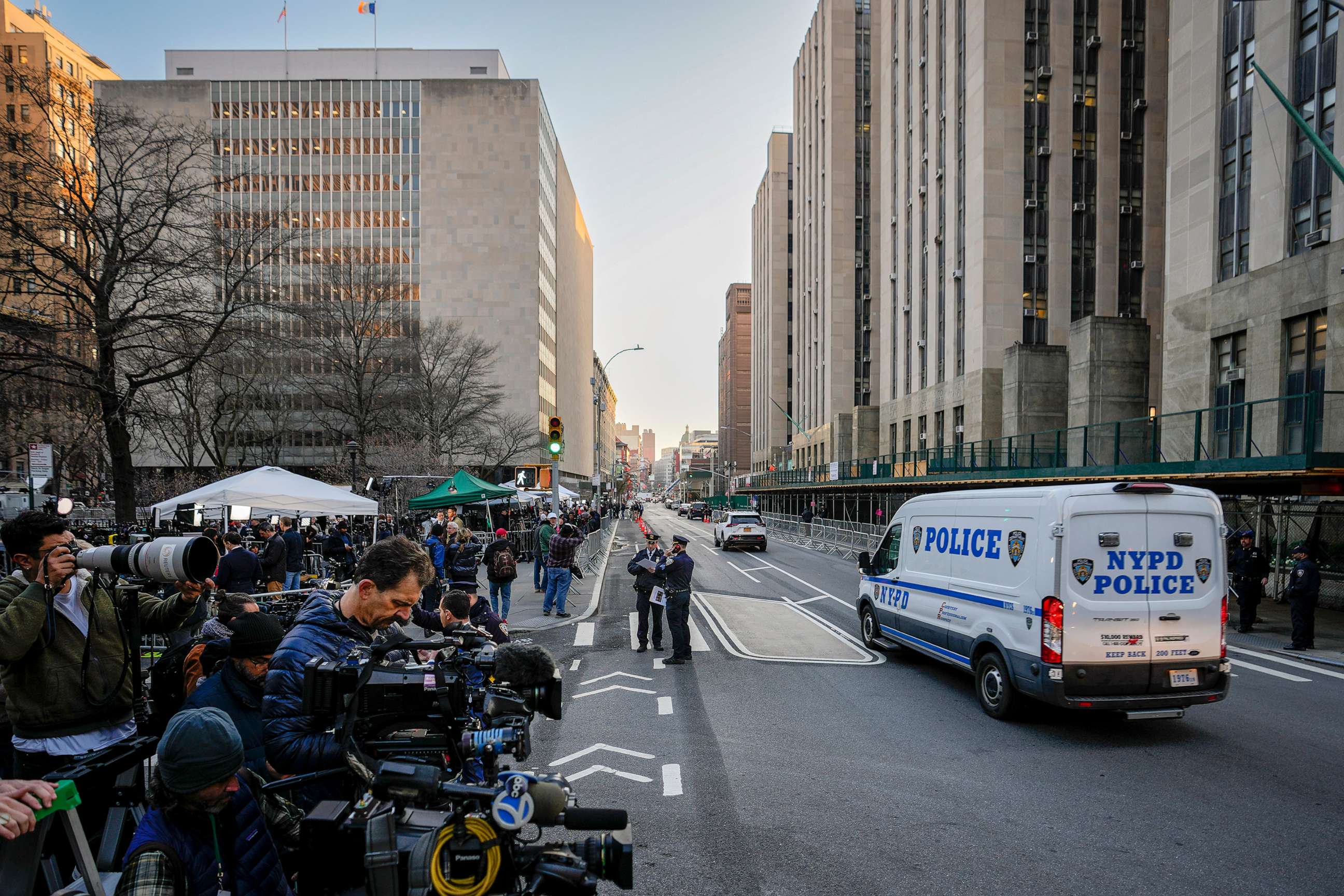 PHOTO: Journalists gather across the street from Manhattan Criminal Court, Tuesday, April 4, 2023, in New York.