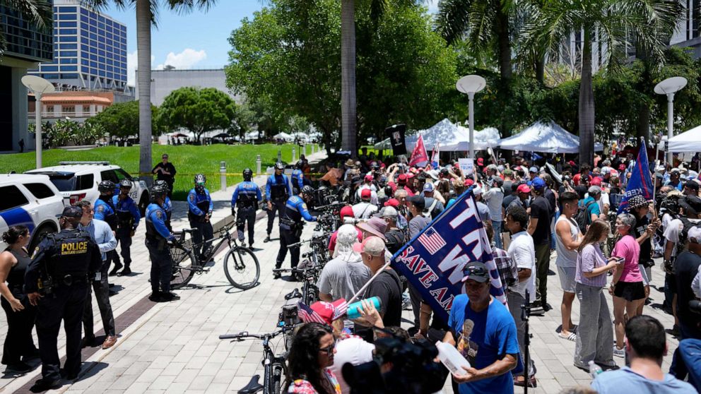 PHOTO: Supporters wait for the arrival of former President Donald Trump at the Wilkie D. Ferguson Jr. U.S. Courthouse, June 13, 2023, in Miami.