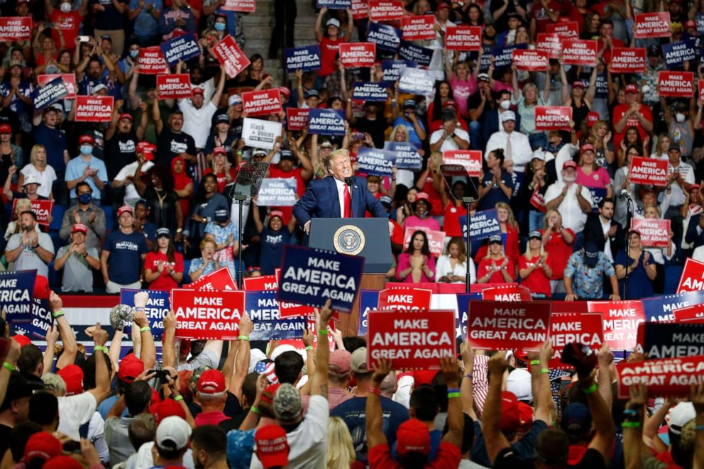 PHOTO: President Donald Trump speaks during a campaign rally at the BOK Center, Saturday, June 20, 2020, in Tulsa, Okla.