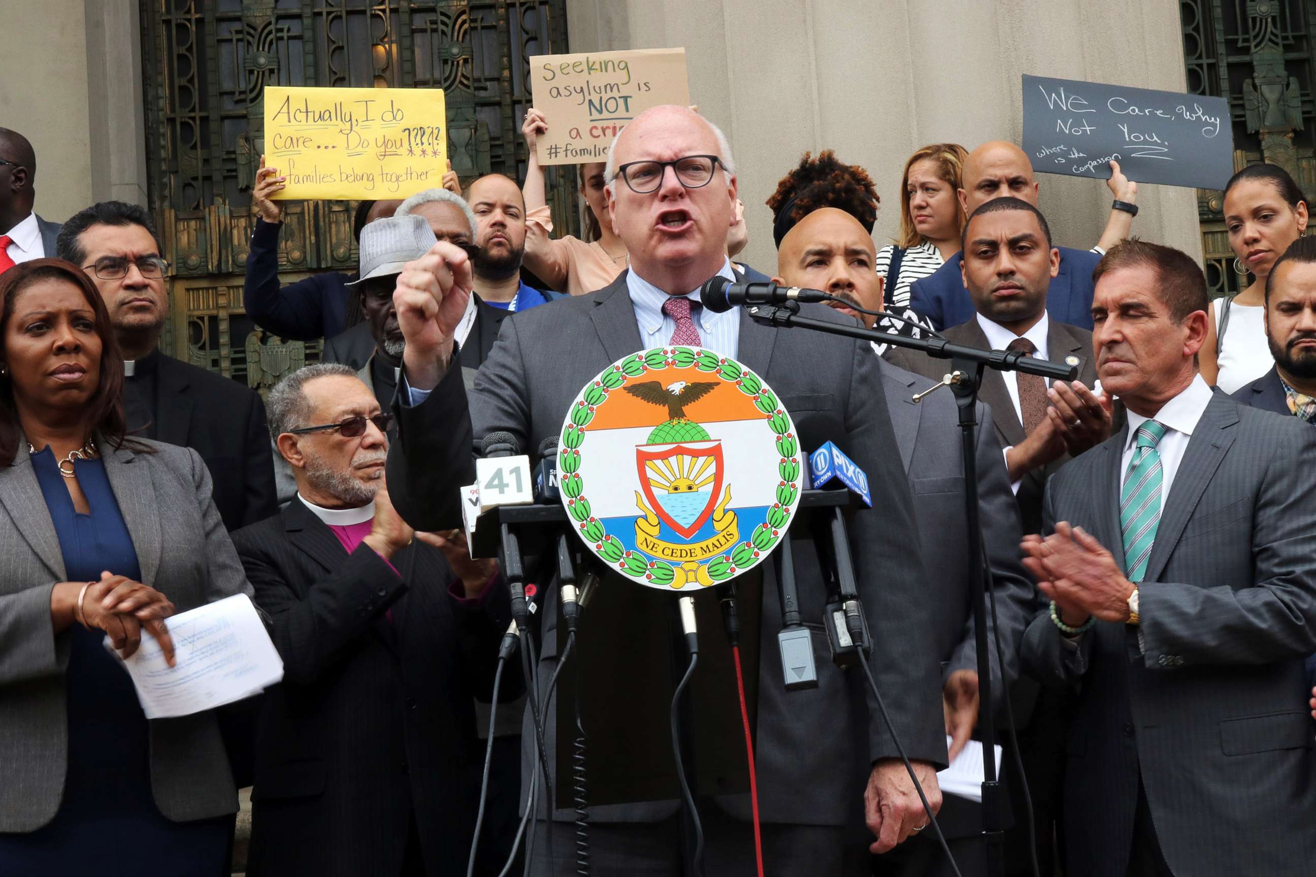 PHOTO: Congressman Joe Crowley addresses the audience at a prayer vigil and rally on immigration on June 22, 2018, in the Bronx borough of New York City.