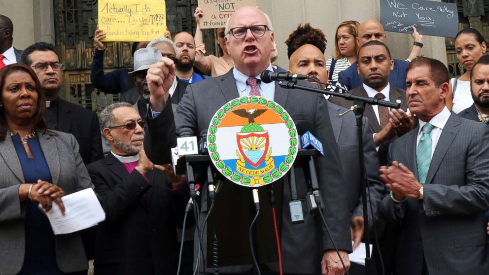PHOTO: Congressman Joe Crowley addresses the audience at a prayer vigil and rally on immigration on June 22, 2018, in the Bronx borough of New York City.