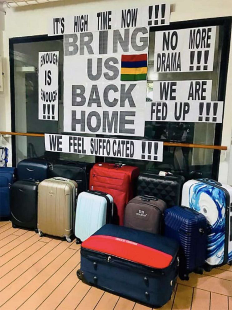 PHOTO: Luggage of MSC cruise ship workers who have gone on strike to request their repatriation are placed on the ship's deck, Sept., 2020.