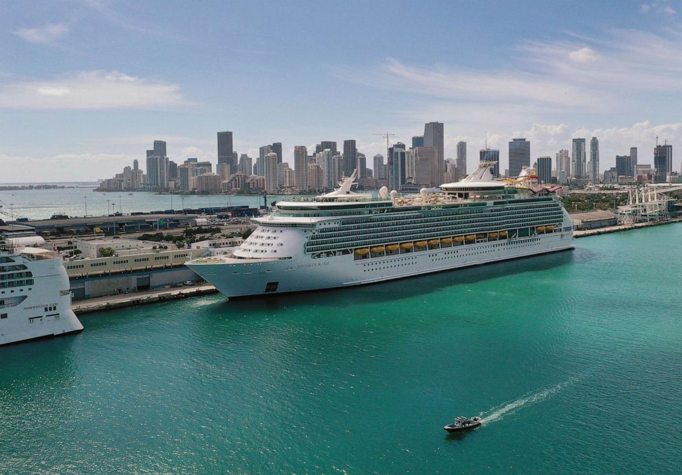PHOTO: An aerial view from a drone shows Royal Caribbean's Navigator of the Sea cruise ship docked at Port Miami, Fla. March 02, 2021.