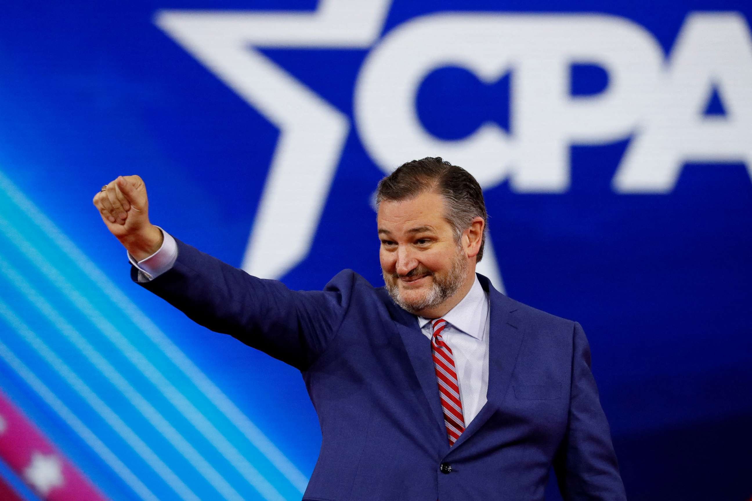 PHOTO: Senator Ted Cruz gestures as he speaks at the Conservative Political Action Conference (CPAC) in Orlando, Fla., Feb. 24, 2022. 
