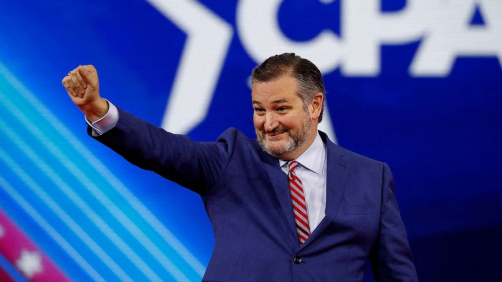 PHOTO: Senator Ted Cruz gestures as he speaks at the Conservative Political Action Conference (CPAC) in Orlando, Fla., Feb. 24, 2022. 