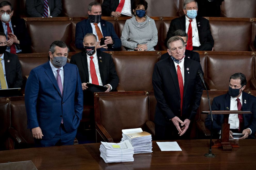 PHOTO: Republican Rep. Paul Gosar, right, and Republican Sen. Ted Cruz, left, object during a joint session of Congress to count the Electoral College votes of the 2020 presidential election in the House Chamber in Washington on Jan. 6, 2021.