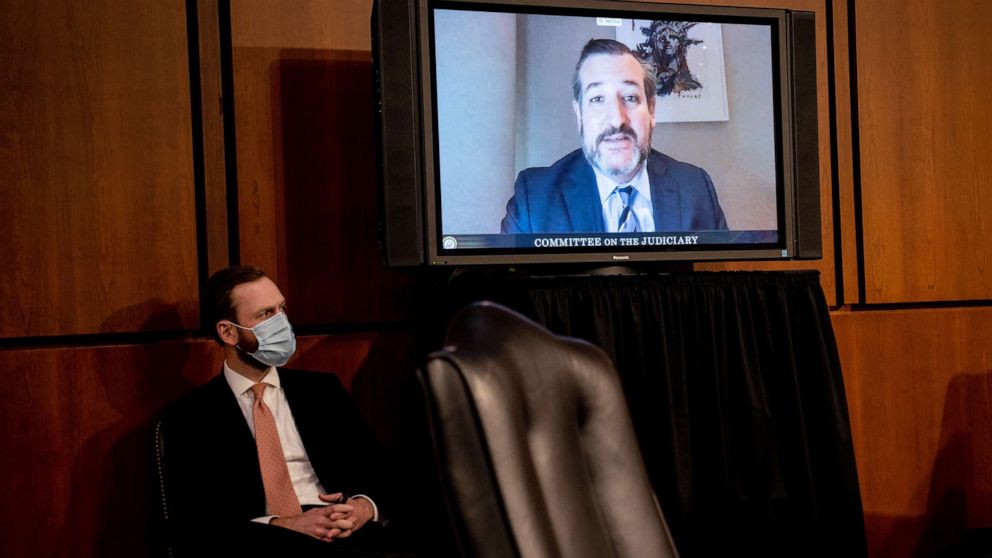PHOTO: Sen. Ted Cruz is seen on a video screen while participating remotely during Supreme Court Justice nominee Judge Amy Coney Barrett's Senate Judiciary Committee confirmation hearing for Supreme Court Justice, Oct. 12, 2020, in Washington, D.C.
