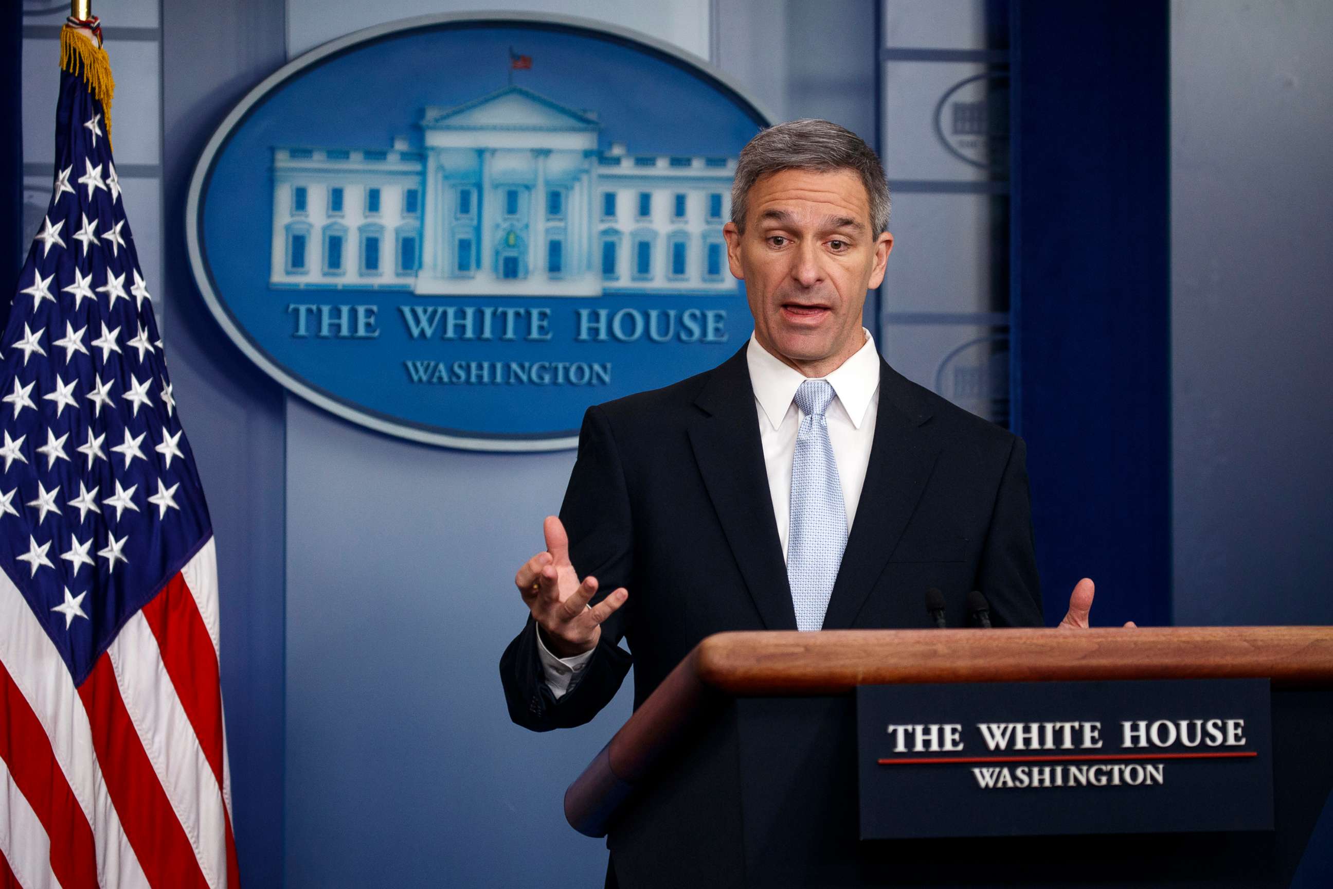 PHOTO: Acting Director of United States Citizenship and Immigration Services Ken Cuccinelli, speaks during a briefing at the White House, Aug. 12, 2019, in Washington.