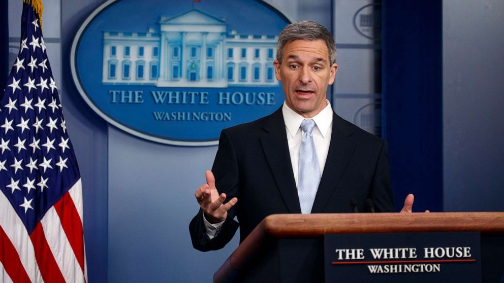 PHOTO: Acting Director of United States Citizenship and Immigration Services Ken Cuccinelli, speaks during a briefing at the White House, Aug. 12, 2019, in Washington.