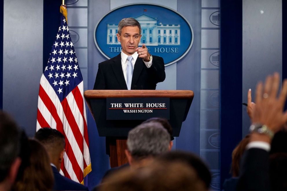 PHOTO: Acting Director of United States Citizenship and Immigration Services Ken Cuccinelli speaks during a briefing at the White House, Aug. 12, 2019, in Washington.