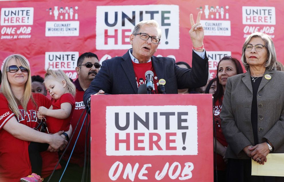 PHOTO: President for Culinary Workers Union, Local 226, Ted Pappageorge speaks as during an announcement in Las Vegas, Feb. 13, 2020.