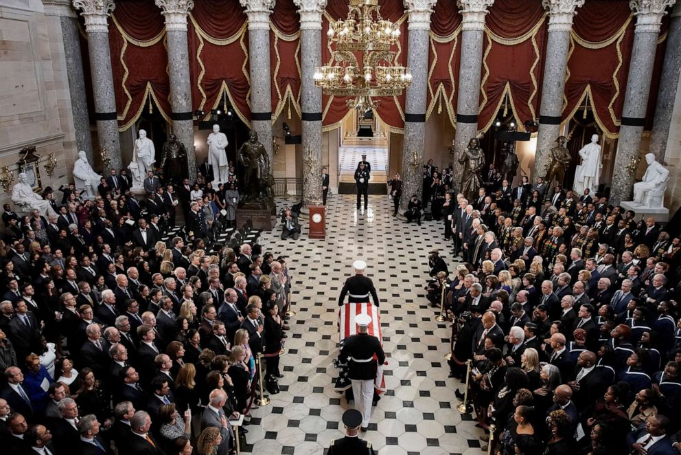 PHOTO: The flag-draped casket of late Maryland Rep. Elijah Cummings is carried through the Capitol during a memorial service in Washington, D.C., Oct. 24, 2019.