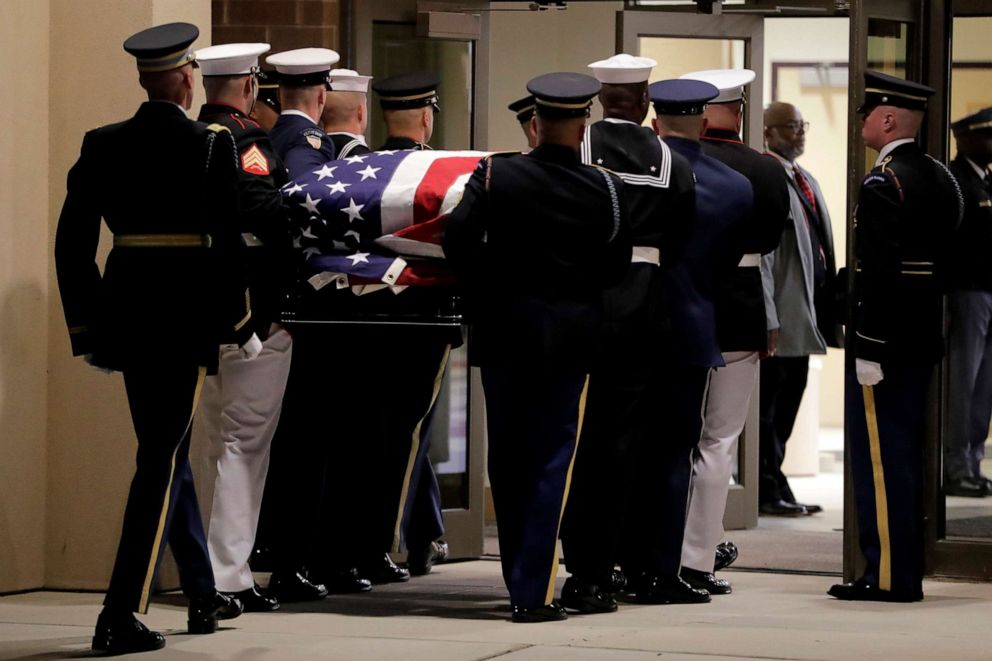 PHOTO: Pallbearers carry the casket containing the body of the late Rep. Elijah Cummings ahead of his funeral at New Psalmist Baptist Church, Oct. 25, 2019, in Baltimore.