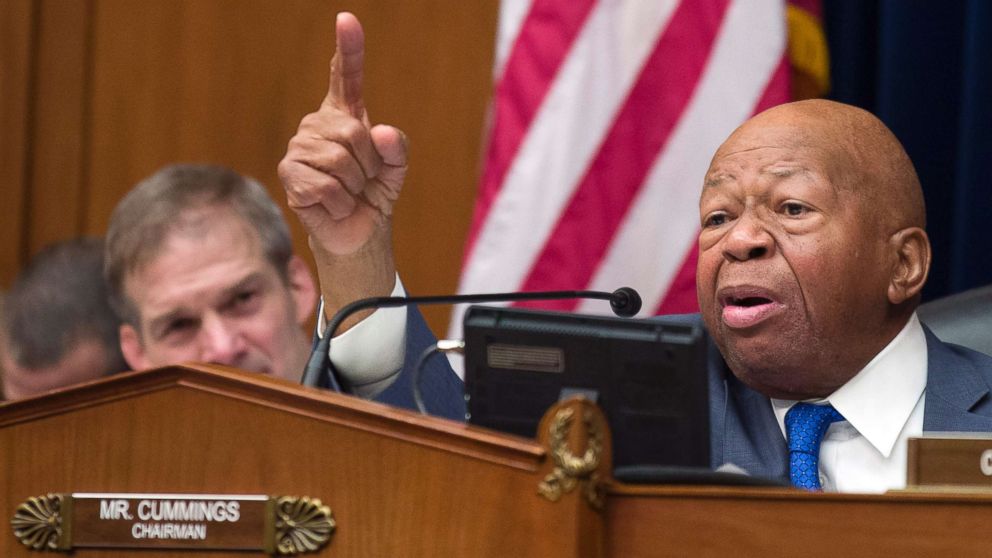 PHOTO: House Oversight and Reform Committee Chair Elijah Cummings gives closing remarks as Rep. Jim Jordan, left, listens, following the testimony of Michael Cohen, at the House Oversight and Reform Committee on Capitol Hill, Feb. 27, 2019.