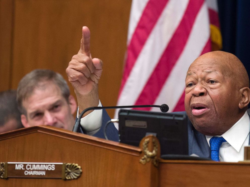 PHOTO: House Oversight and Reform Committee Chair Elijah Cummings gives closing remarks as Rep. Jim Jordan, left, listens, following the testimony of Michael Cohen, at the House Oversight and Reform Committee on Capitol Hill, Feb. 27, 2019.