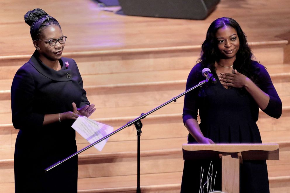 PHOTO: Adia Cummings, right, daughter of late Rep. Elijah Cummings, speaks next to her sister Jennifer Cummings, during their father's funeral services at the New Psalmist Baptist Church in Baltimore, Oct. 25, 2019.