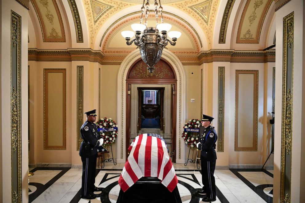 PHOTO: The flag-draped casket of Rep. Elijah Cummings is prepared to lie in state during a memorial service at the Statuary Hall of the U.S. Capitol, Oct. 24, 2019, in Washington, DC.