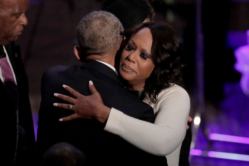 PHOTO: Maya Rockeymoore Cummings is greeted by former President Barack Obama during funeral services for her late husband, Rep. Elijah Cummings, at the New Psalmist Baptist Church, Oct. 25, 2019 in Baltimore.