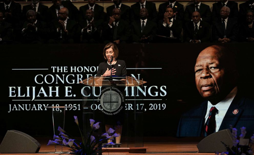 PHOTO: House Speaker Nancy Pelosi speaks during funeral services for the late Rep. Elijah Cummings at the New Psalmist Baptist Church in Baltimore, Oct. 25, 2019.