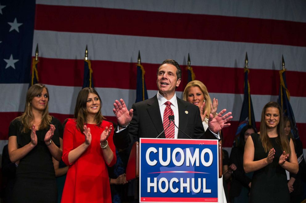 PHOTO: In this Nov. 4, 2014, file photo, Governor Andrew Cuomo gestures as he speaks at an election party with his girlfriend and daughters after winning the New York gubernatorial race during the U.S. midterm elections in New York.