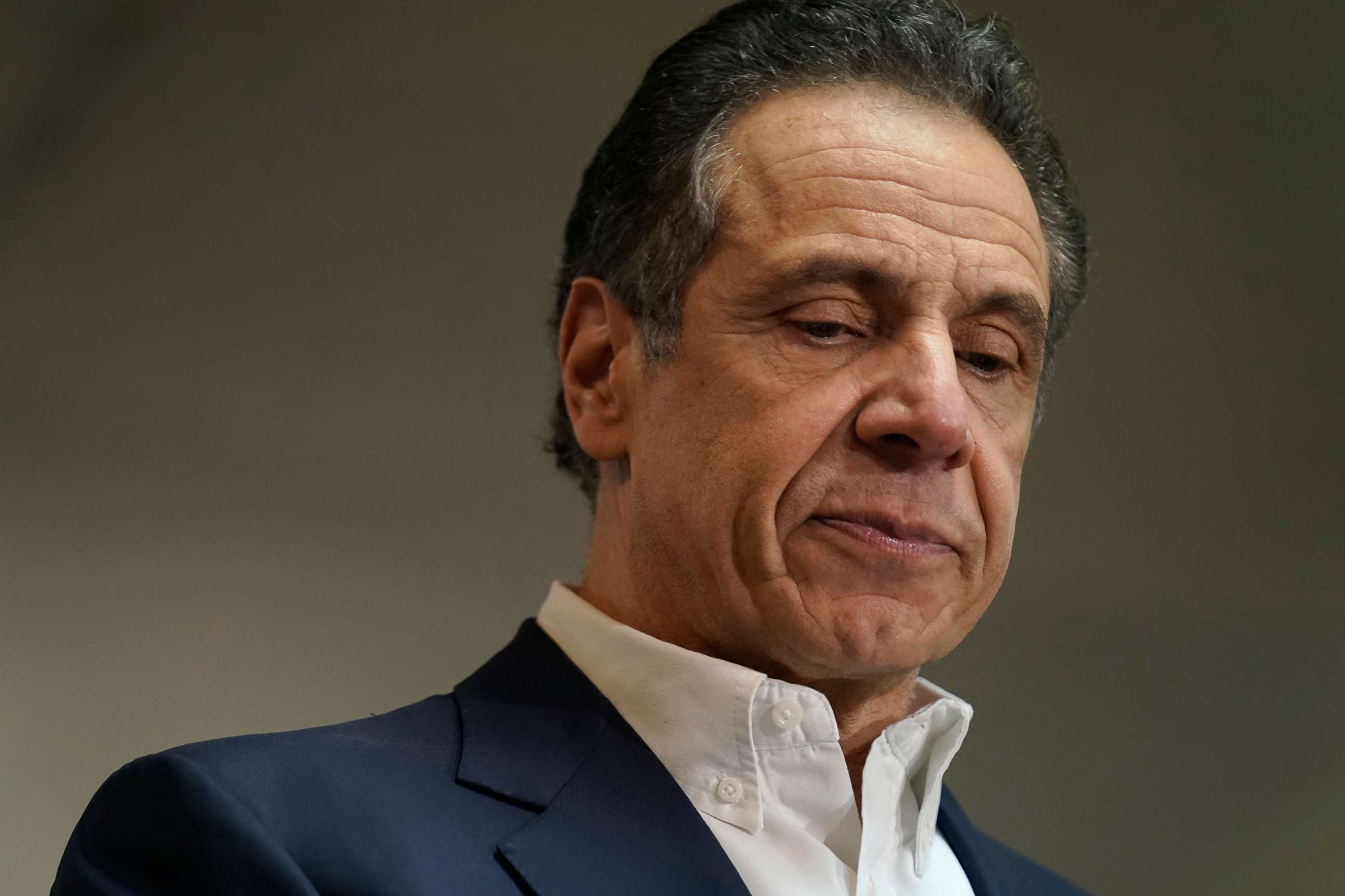 PHOTO: New York Governor Andrew Cuomo speaks before getting vaccinated at the mass vaccination site at Mount Neboh Baptist Church in Harlem on March 17, 2021 in New York City.
