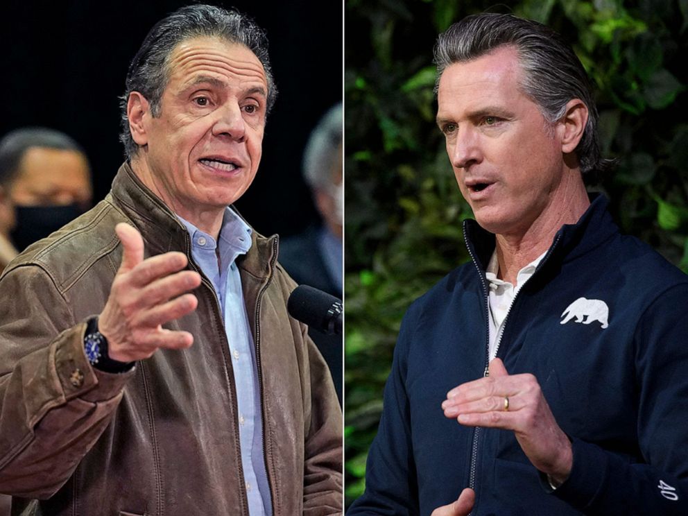 PHOTO: Gov. Andrew Cuomo speaks during a press conference before the opening of Gov. Gavin Newsom speaks after touring a Covid-19 vaccination site Feb. 22, 2021 in Long Beach, Calif.